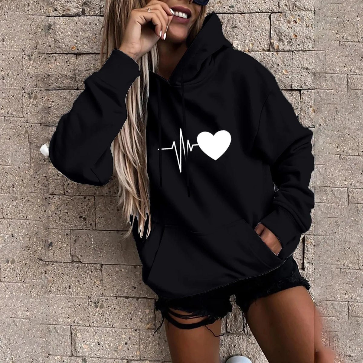 Bedruckter, locker sitzender Kapuzenpullover mit Taschen, Oversize-Winter-Kapuzenpullover für Damen, langärmelige Freizeitoberteile