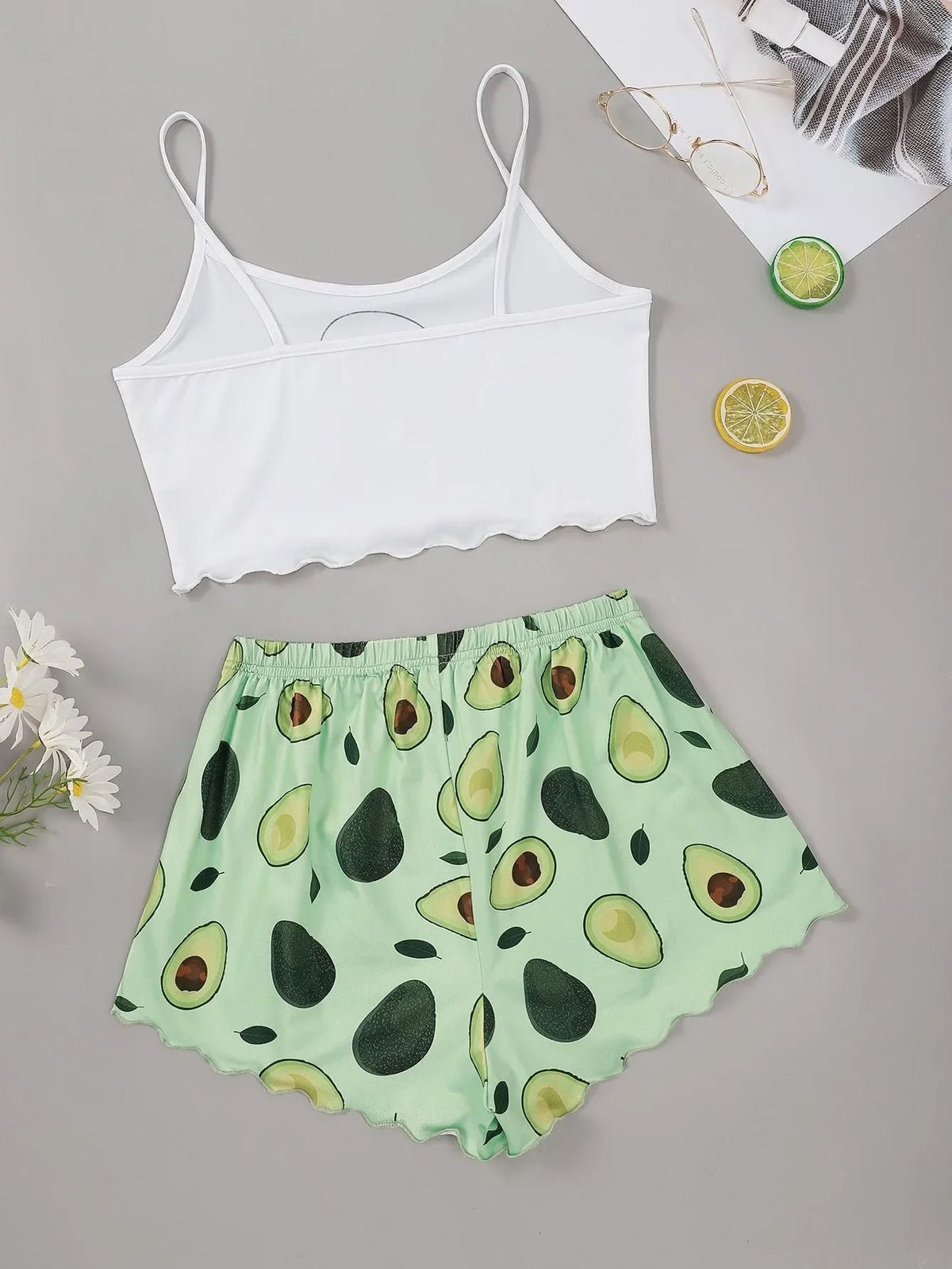 Sommer-Pyjama-Set mit Avocado-Druck für Damen, lässiges Leibchen mit Shorts, sexy Dessous, Nachthemd, Homewear, Nachtwäsche, Unterwäsche