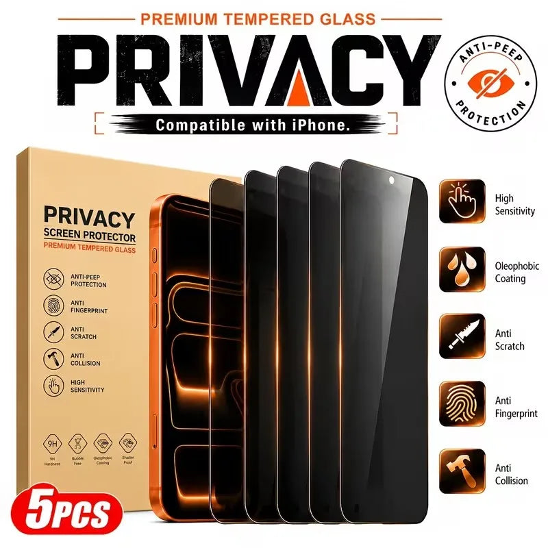 5 Stück Blickschutzfolie für iPhone 17 13 12 11 14 15 16 Pro Max Mini XR X XS 16 Plus Vollständige Abdeckung Anti-Spy Schutzglas