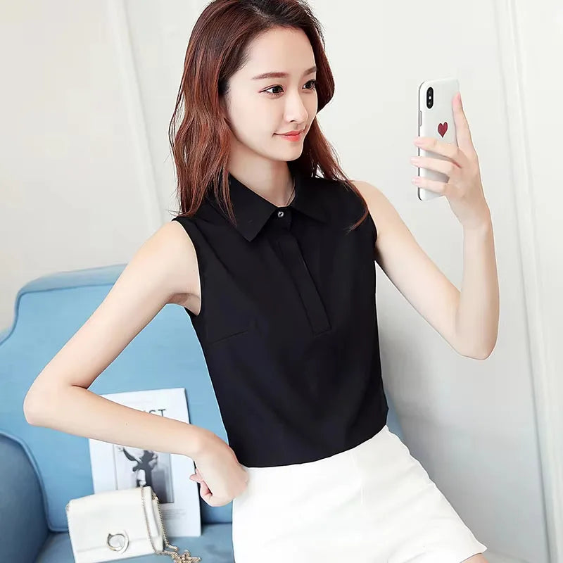 Büro-Arbeitskleidung für Damen Frühling-Sommer-Stil Chiffon-Blusen Hemden Lässige Ärmellose Blusas mit Umlegekragen Tops