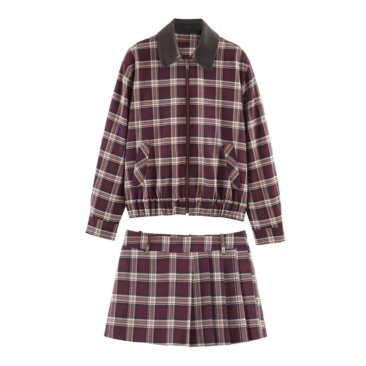 KONDALA High Street Plaid Shorts Set Zipper Revers Bomber Jacke Mini Plissee Shorts Mode 2026 Frühling Herbst Elegante Dame Set