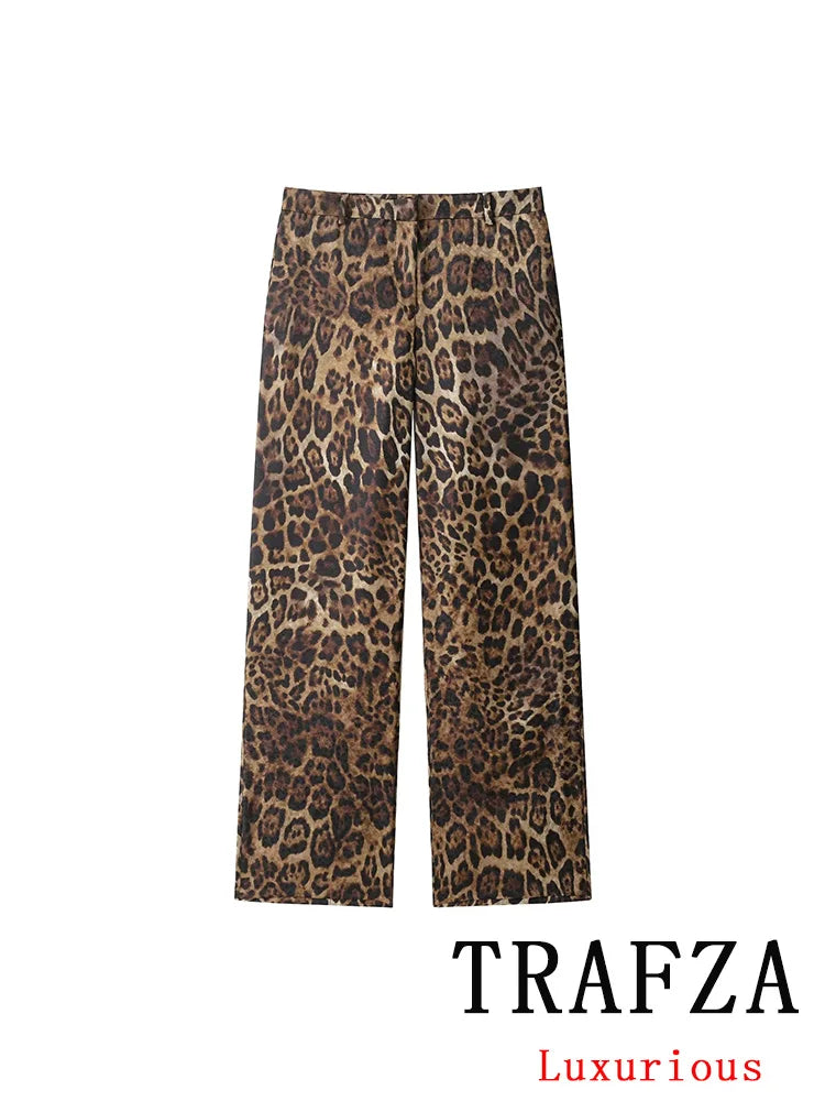 KONDALA Vintage Leopardenmuster Damenanzüge V-Ausschnitt Schärpen Langarm Übergroßer Blazer + Hose mit weitem Bein Mode 2025, Herbstanzüge