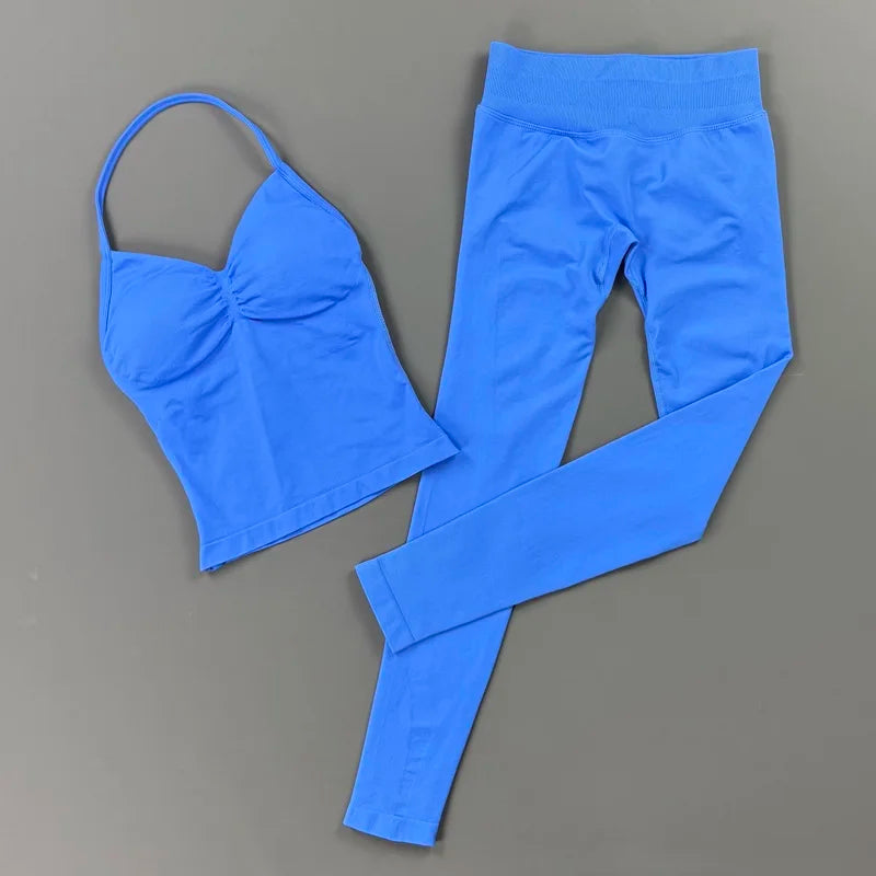 HISTELLO Gym-Leggings-Set, 2-teilig, für Damen, Yoga, lang, mit Trägern, nahtlos, Fitness-Kleidung, Laufen, Workout, Sport-Tops, Outfit