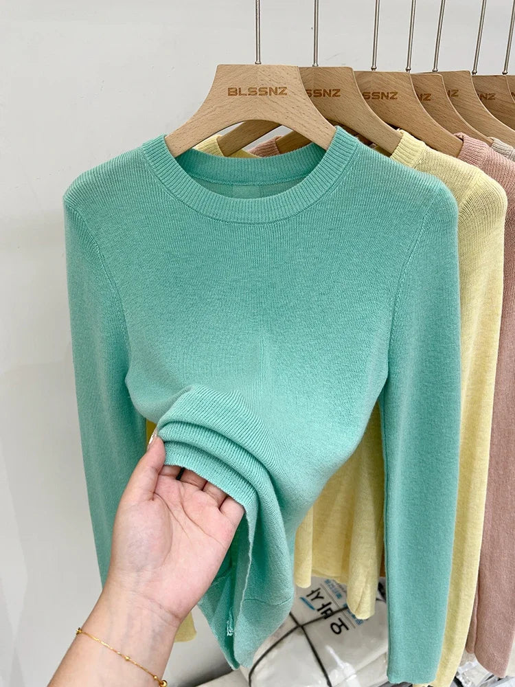 Frühling Grundlegende Oansatz Dünnes T-Shirt Frauen Solide Multi Farbe Alle-Spiel Trend Casual Top Schraube Stricken Langarm Elastische büro Dame