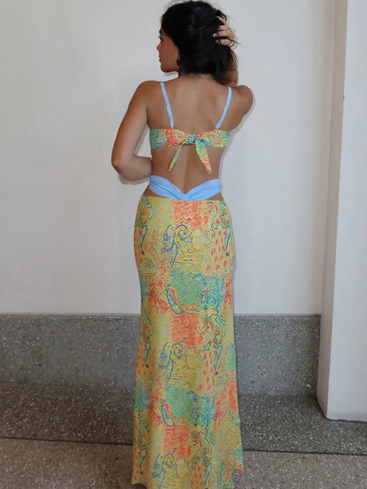 Nibber Sommer Strand Party 2-teiliges Set Damen Buntes Druck-BH-Tops + hohle Maxiröcke mit hoher Taille Passende Mitternachts-Clubwear