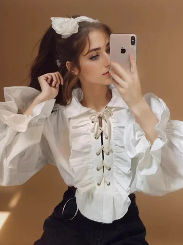 Zadily 2025, Sommer-Damen-Lolita-Rüschenbesatz, Stehkragen, Hemd, Schnürung, Laternenärmel, taillierte Taille, Vintage, elegante Party-Bluse