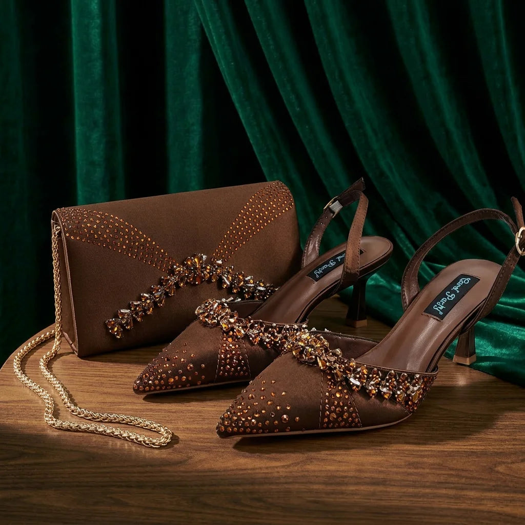 2026 Italienisch Inspirierte Kaffeefarbene Spitze High Heels mit Passender Handtasche SET KOMFORT INKLUSIVE Elegante Hochzeits- und Partyschuhe für Damen