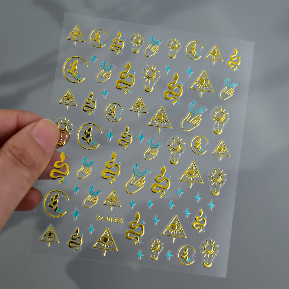 1 Stück Blauer Edelstein Stern Sonne Mond Nagelaufkleber 3D Böhmisches Sternenlicht Herz Schlange Selbstklebende Abziehbilder Französische Linien Streifen Maniküre Sliders