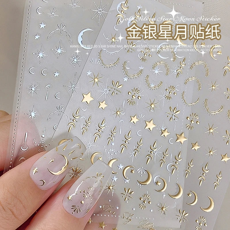 Vergoldete Stern und Mond Bronzing Nail Art Aufkleber hochwertige 3D Gold/Silber selbst klebende Slider DIY Nagel Aufkleber Dekoration 8*10cm