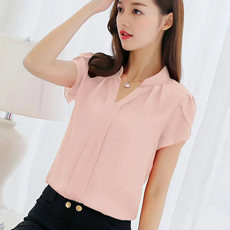 2024 frauen Hemd Chiffon Blusas Femininas Tops Kurzarm Elegante Damen Formale Büro Bluse Chiffon Hemd Kleidung