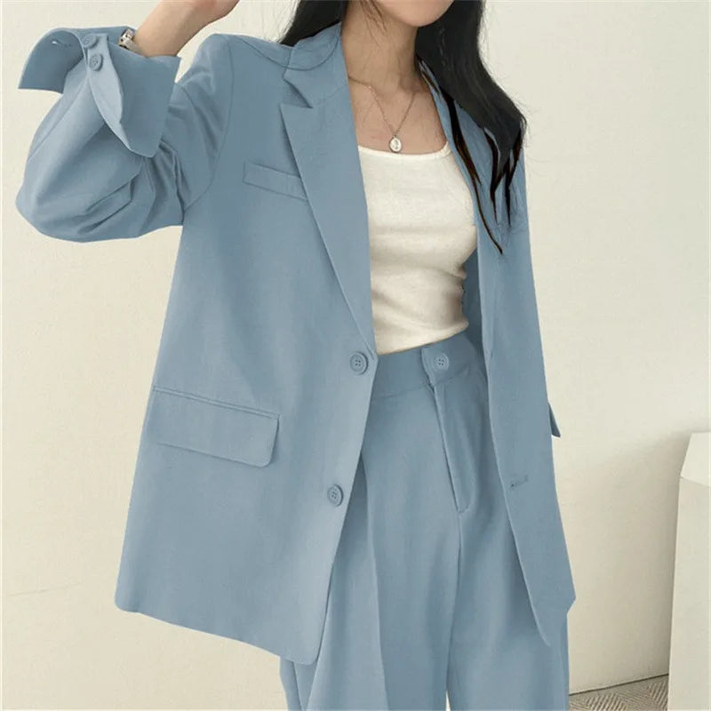 Koreanisches Damenmode-Zweiteiler-Set, Langarm-Blazer und weit geschnittene Hose, Büro, Freizeit, lockerer Schnitt, Frühling, Herbst, neuer Stil
