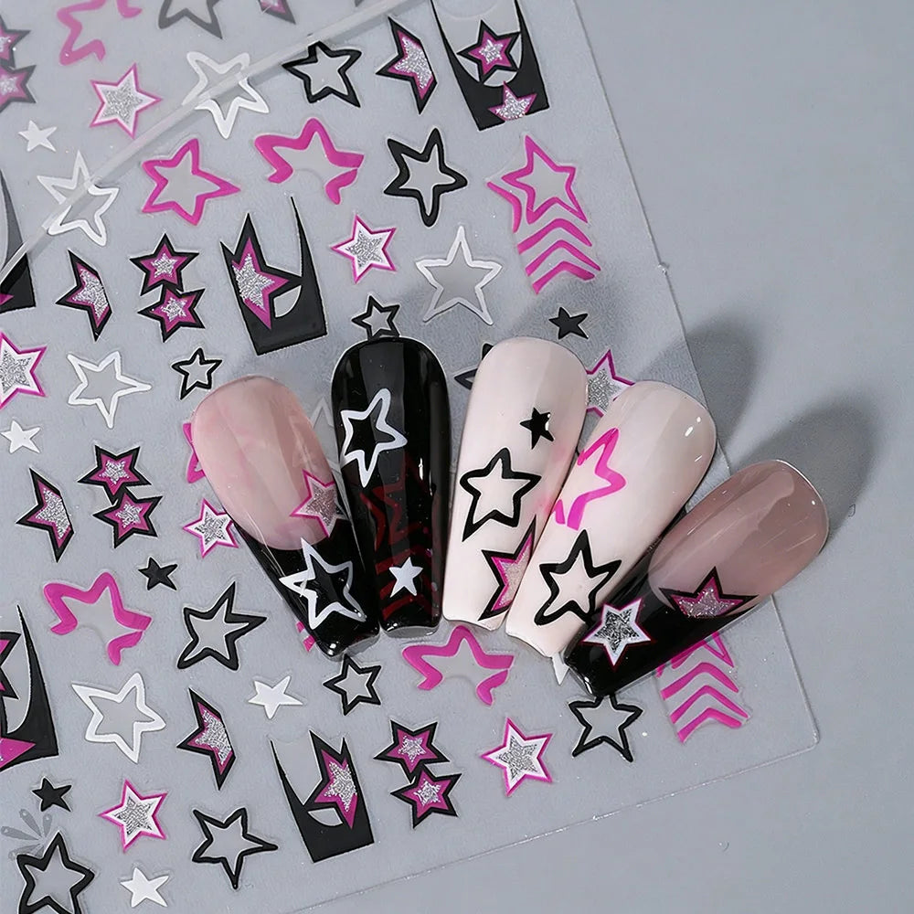 5D Silber Glitzer Stern Französischer Nagelaufkleber Schwarz Rosa Y2K Punk Hohler Fünfzackiger Stern Selbstklebender Aufkleber Maniküre-Dekoration