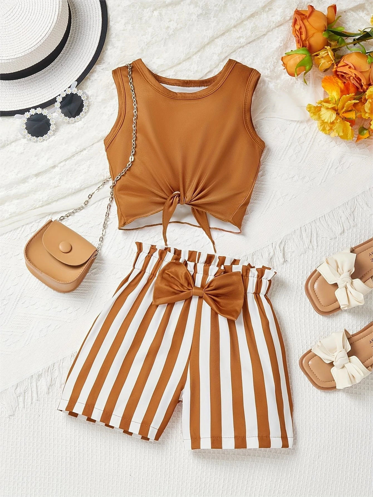 Freizeit-Shorts-Set für Mädchen: Braunes Tanktop + gestreifte Shorts mit Schleife, zweiteiliges Outfit, geeignet für Mädchen im Alter von 3-10 Jahren, vielseitige Kleidung für Sommer, Zuhause, Ausflüge und Schule