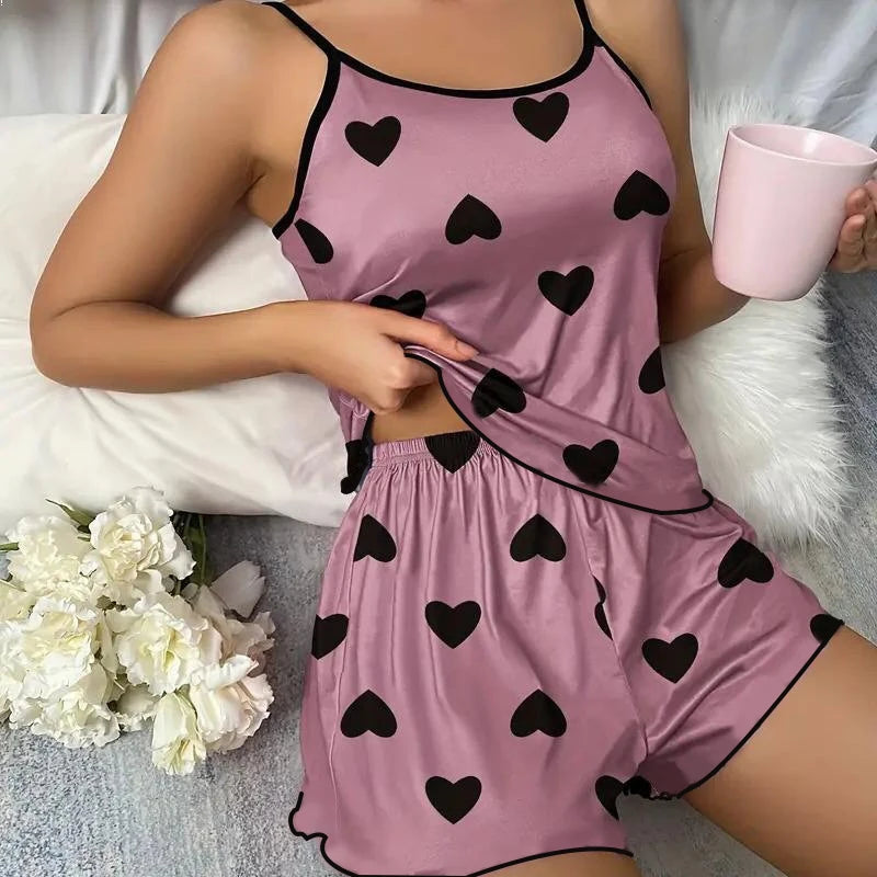 Damen-Pyjama-Set, Pyjama, T-Shirts, Shorts, rosa, herzförmiger Druck, Rundhals-T-Shirt, Eisseiden-Oberteil, bequem, lässig, Sommer ﻿