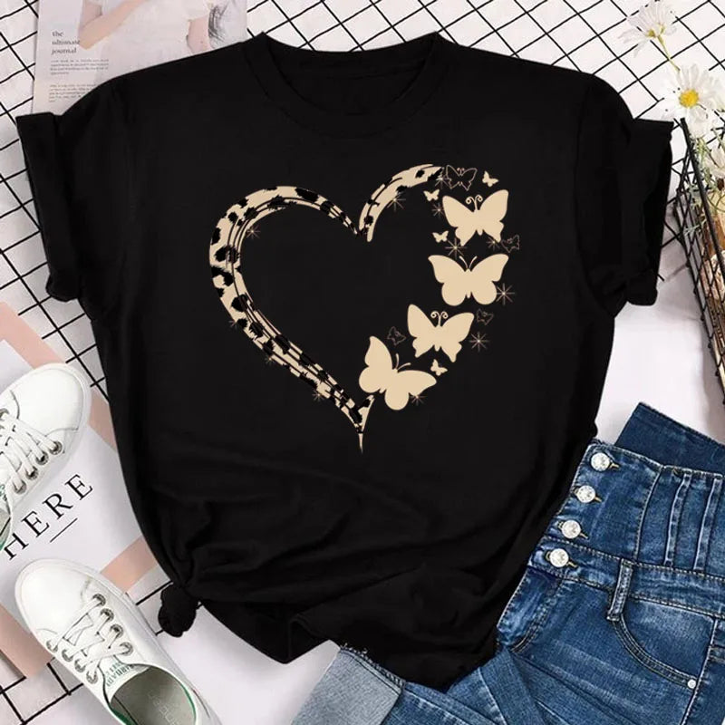 Neue blaue Schmetterling Blumen gedruckt T-Shirt Frauen Sommer lässig Kurzarm O-Ausschnitt Tops 90er Jahre Mode Grafik weibliche Tops T-Shirts