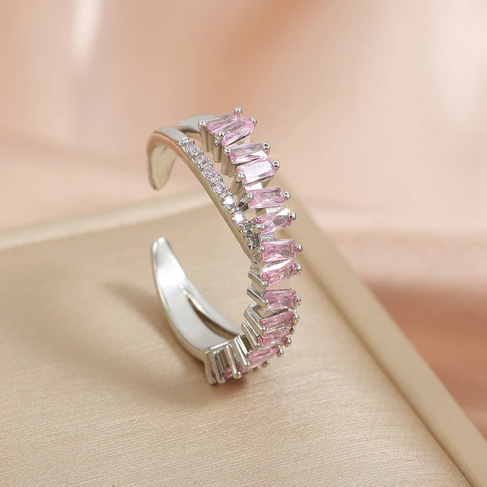 Luxus Zirkon Shiny Chic Resizable Doppel Student Öffnung Ringe für Frau Silber Farbe Gothic Finger Schmuck Hochzeit Party