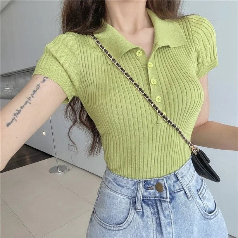 Neues Polo Damen T-Shirt Geripptes Strick-Oberteil Sexy Sommer Basic Shirts Figurbetontes Slim Casual Kurzarm-Top Damen-Oberteil Weiß Schwarz