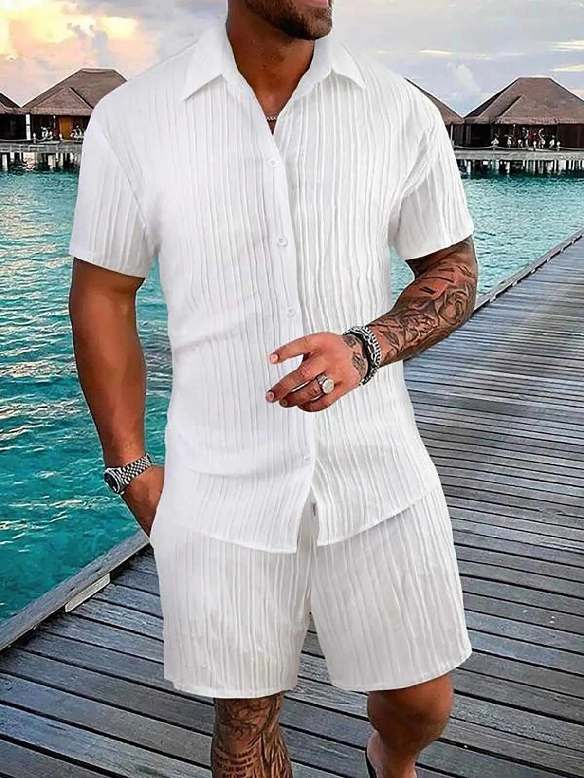 Neues hawaiianisches Urlaubshemd- und Badehose-Set für Herren, 2-teilig, kurzärmelige Hemden mit Shorts, Sommer, schnell trocknend, Schwimmen, Freizeit