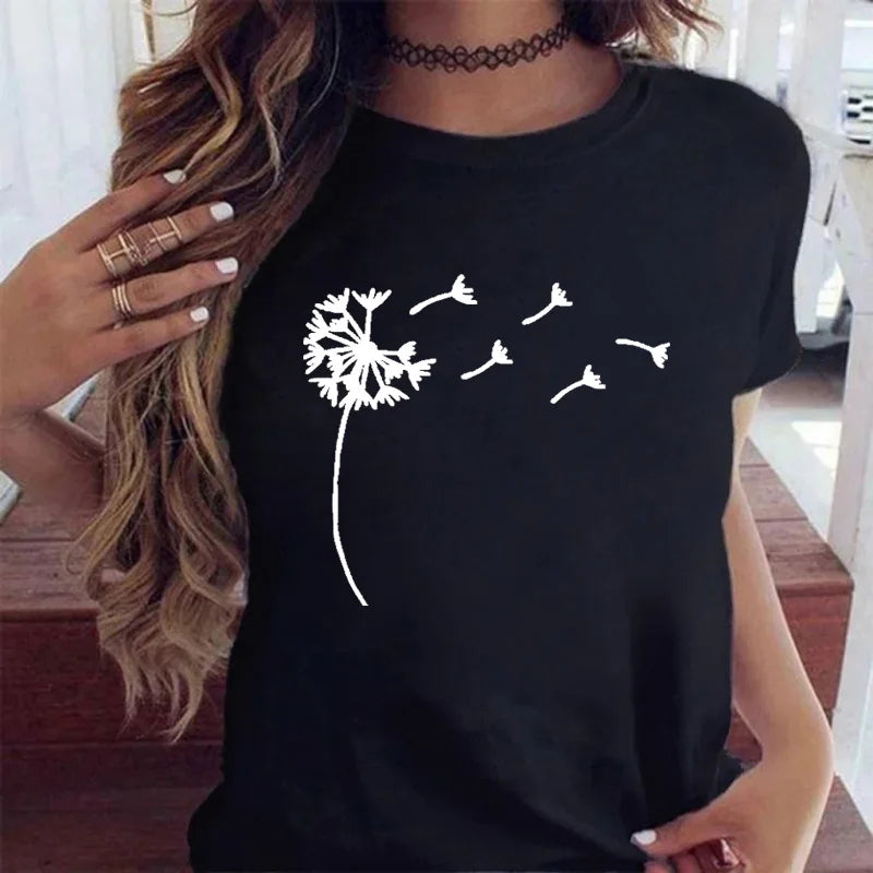 Neue Löwenzahn gedruckt Frauen T-Shirt Cartoon Grafik gedruckt schwarz Damen T-Shirt lässig Frau Shirt lustige T-Shirts