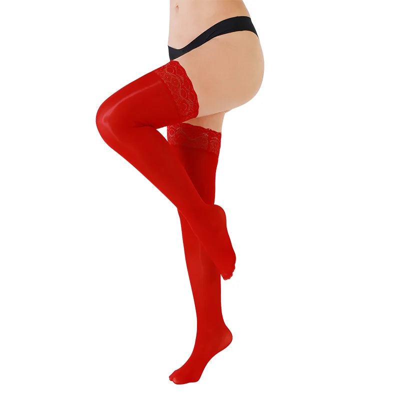 1 Paar glänzende seidige Strümpfe für Damen, Pferdeöl, hohe Strumpfhosen mit Silikon-Spitzenoberteil, Sommer, sexy elastische hohe Socken