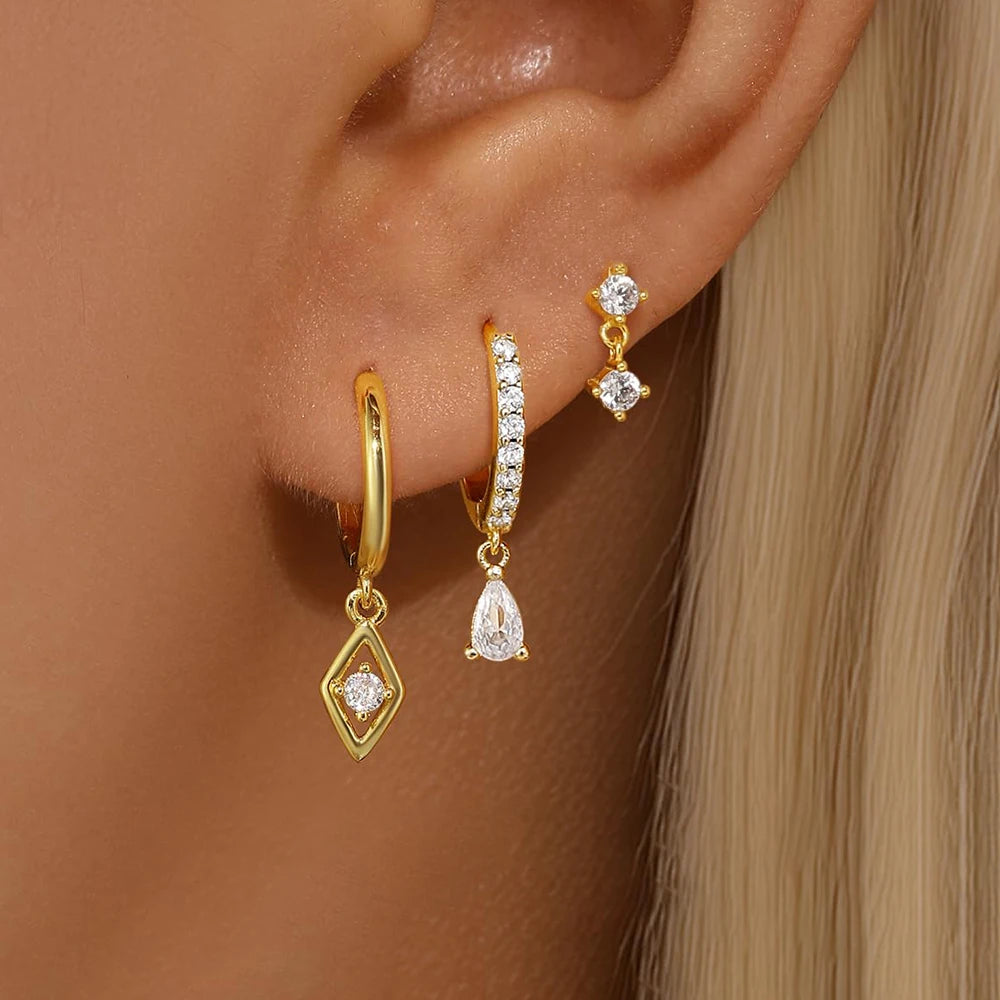 3PCS Neue Ankunft Französisch Design Edelstahl Kristall Mode Baumeln Ohrring Set Für Frauen Zirkon Anhänger Piercing Schmuck