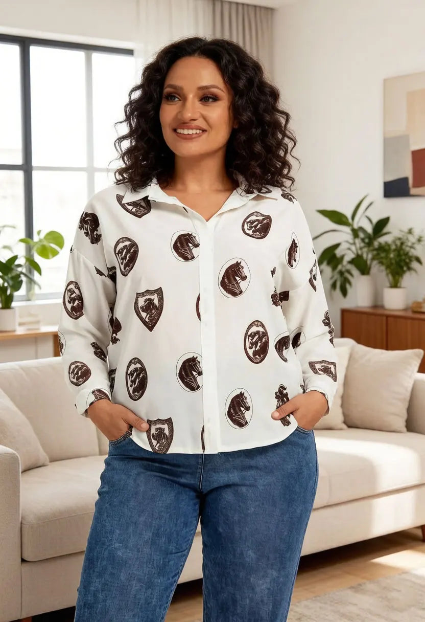 Damen Vintage Bluse mit Pferdemuster Langarm Satin-Hemd Lässiger V-Ausschnitt Knopfleiste Elegantes Büro-Arbeitskleidung