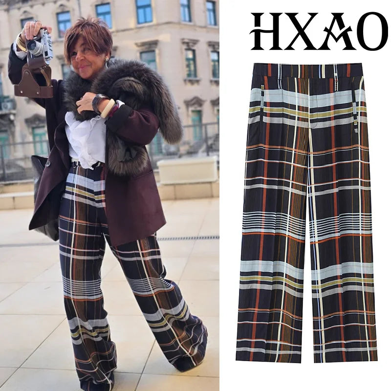 HXAO Karierte Damenhose, Baggy, weite Hose für Damen, Herbst, minimalistisch, lange Freizeithose, Damen, mittlere Taille, karierte Hose
