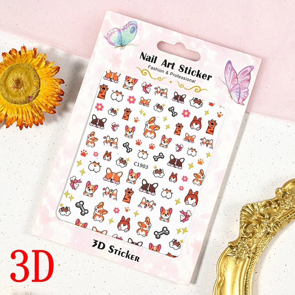 1Pc 3D Cartoon Nette Katze Nagel Kindliche Aufkleber Nette Kitty Welpen Hund Selbstklebende Nail art Haustier Tiere Maniküre schöne Aufkleber *