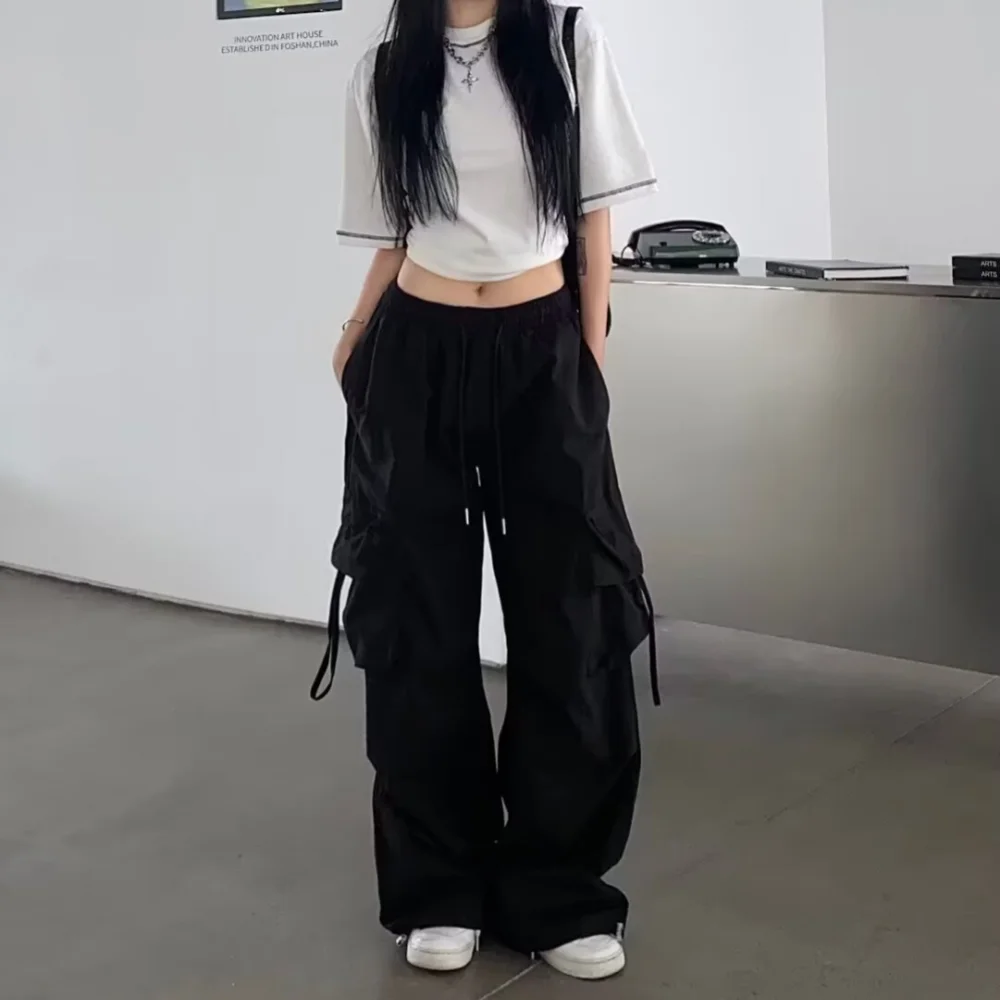 2025, neue Vintage Lose Breite Bein Hosen High Street Y2K Retro Hip Hop Solide Sweatpant Casual Frauen Cargo Pendeln Jogger Hosen