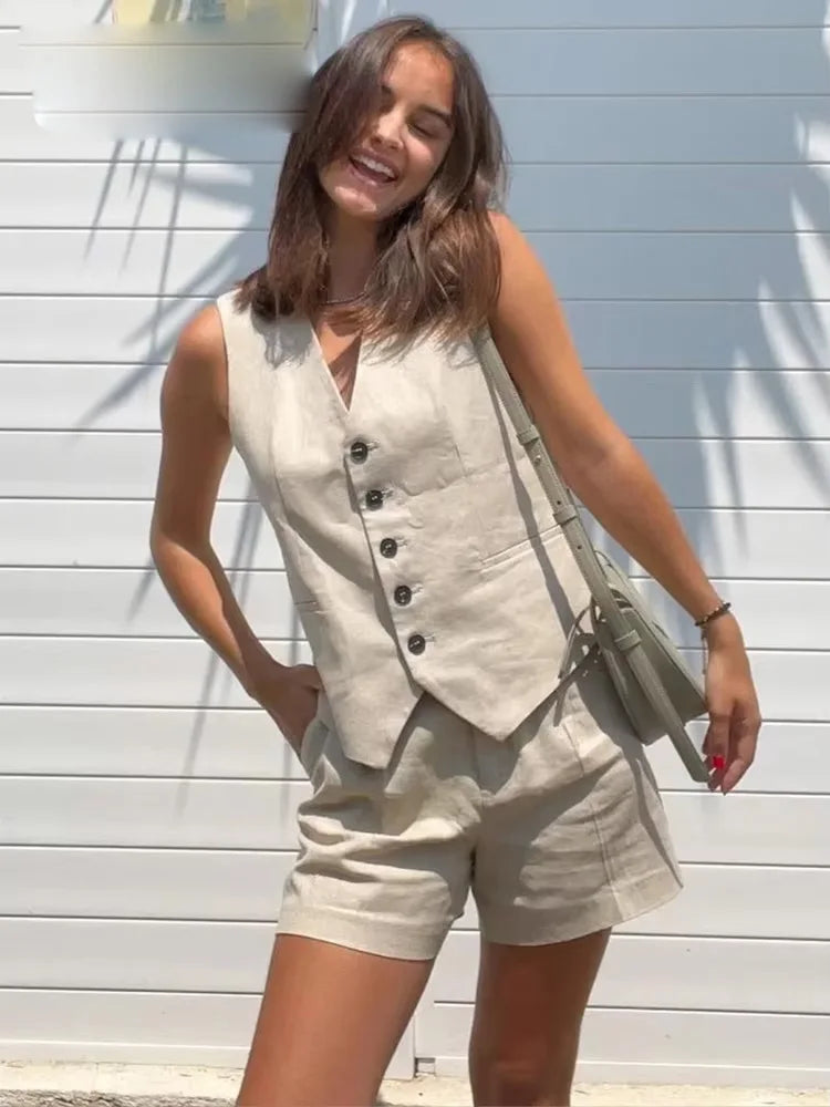 Frauen Vintage-Mode Shorts Set Casual Solide Weiß Ärmellose Weste + Taschen Hosen Weibliche Zwei Stücke Set Straße Roupa De mujer