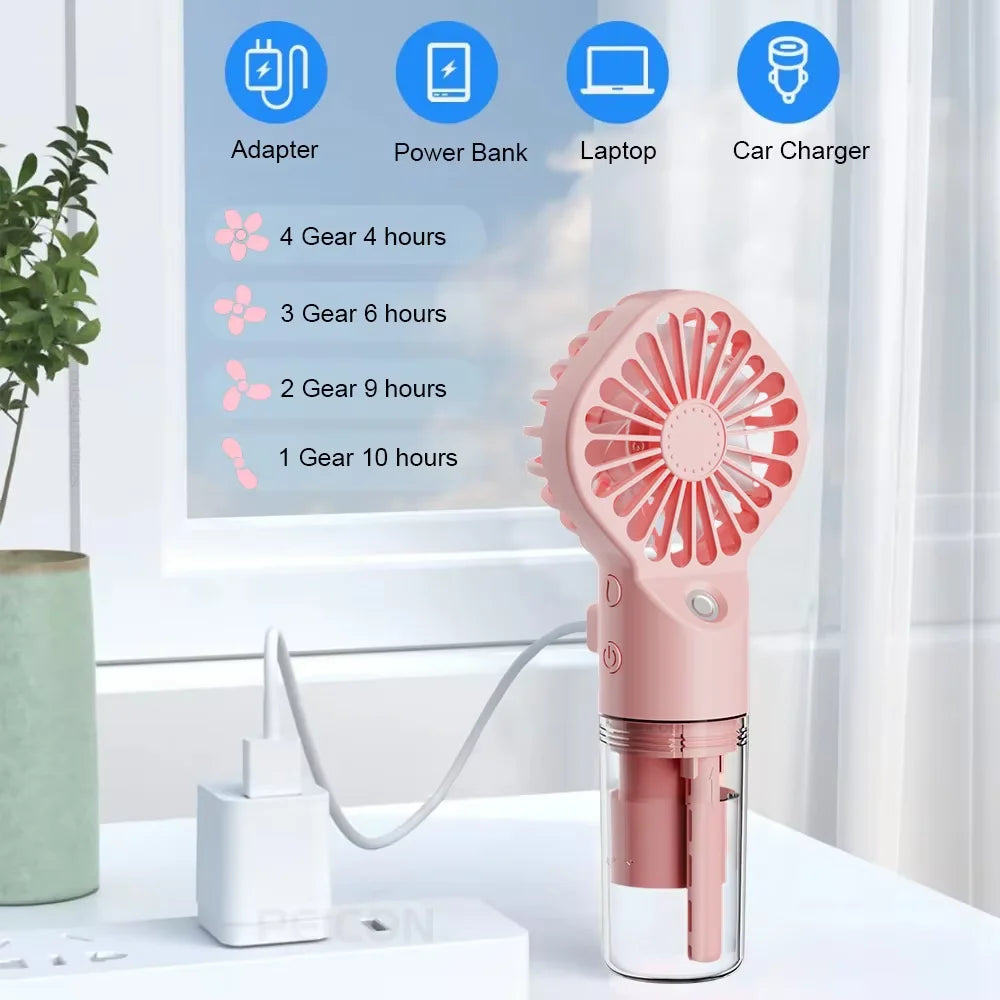 Tragbarer Handventilator - USB-aufladbarer Mini-Luftbefeuchter-Ventilator, geeignet für Reisen und den Außeneinsatz als Handventilator.