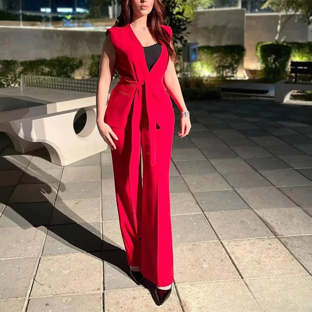 KONDALA Büro Dame Chic Rote Weste Blazer Anzug V-ausschnitt Schärpen Ärmellose Blazer Hohe Taille Breite Bein Hosen Mode 2025, Sommer Sets