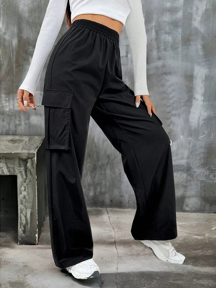 Elegante Feste Hohe Taille Zerrissene Hose Mode Frauen Tasche Elastische Gerade Cargo Hosen Casual Streetwear Sweatpant Y2K Hosen
