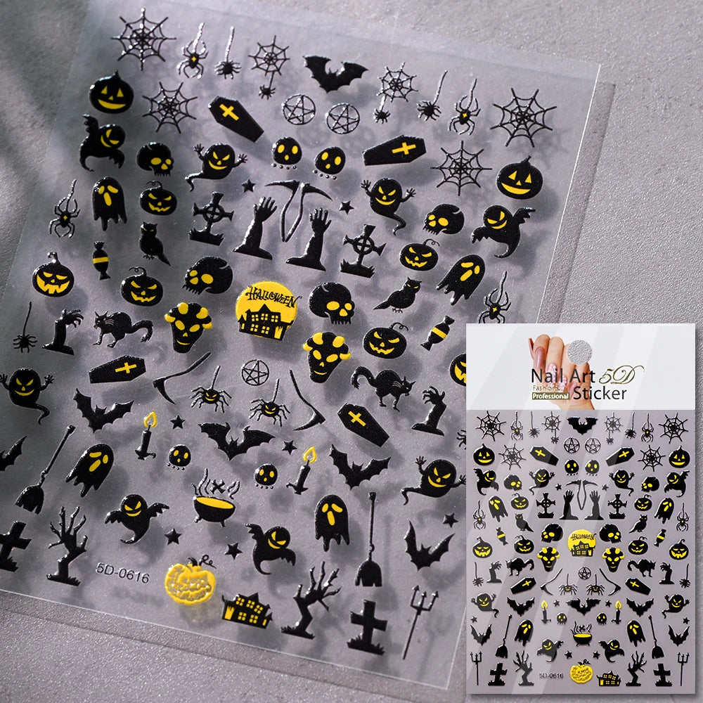 5D Halloween Geist Fledermaus Kürbis Nagel Aufkleber Glänzende Spinne Skelett Vintage Kreuz Nagel Aufkleber Halloween Gruselige Nagel Slider Decora