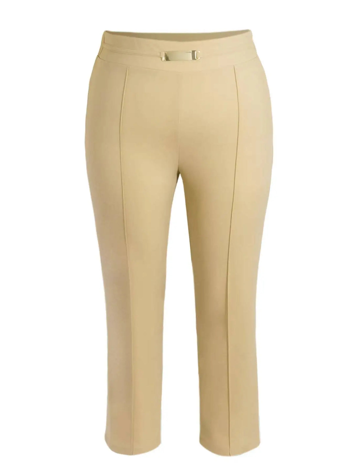 Damen Plus Size Beige Hochtaillierte Anzughose mit Metallschnallen-Dekor, Vertikaler Naht, Schlanke Gerade Hose für Büro, Frühling und Sommer