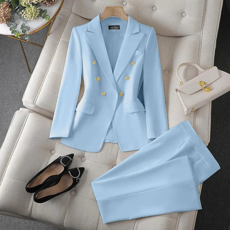Koreanische Mode 2-Teiliges Set Umlegekragen Blazer Langarm Slim Fit Hosen Damenanzüge Büro-Damenkleidung Hosensets für Frauen
