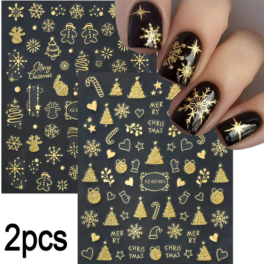 2 Stück 3D Glitter Gold Weihnachten Nagelaufkleber Schneeflocke Kristallkugel Baum Schneemann Nail Art Aufkleber selbstklebend Urlaub Nagelzubehör