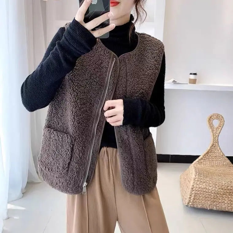 Lammfellweste im Retro-Stil für Damen, komplett aus Leder und Fell, integrierte Jacke für Frühling, Herbst und Winter, neues Modell, verdickt C...