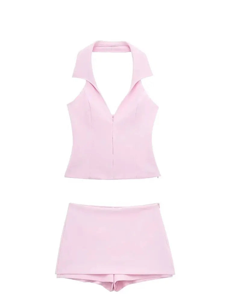 HH Damen-Set, lässige Röcke, Shorts, schickes Neckholder-Hemd, rückenfreies Top und Shorts, süßes rosa Sommer-Sexy-Shorts-Sets