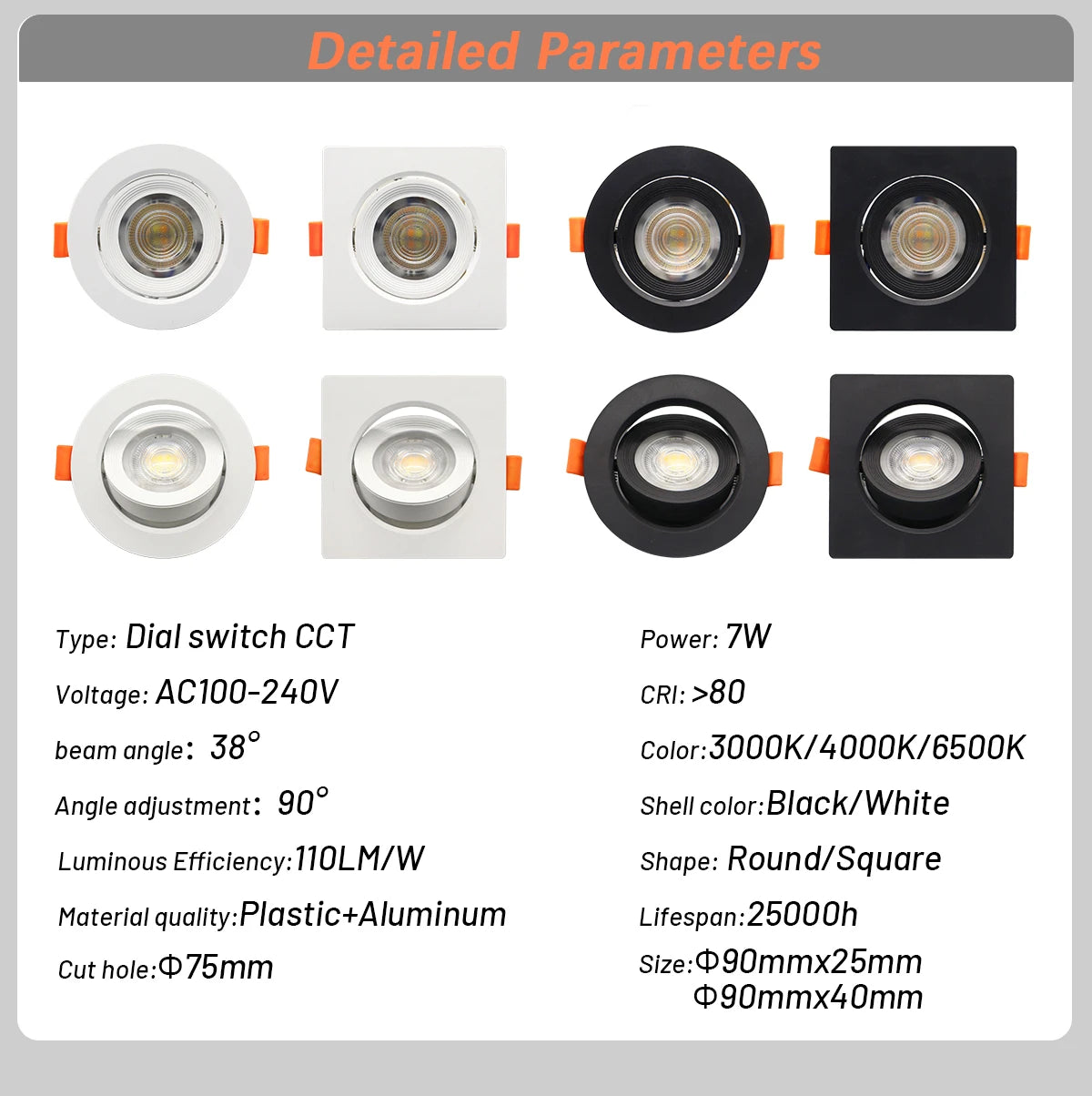 1-10 Stück 7W 3 CCT LED Farbwechsel 3000K 4000K 6000K LED-Deckenstrahler Einbauleuchte AC 110V 220V Einstellbar 90° °   Beleuchtungsspot