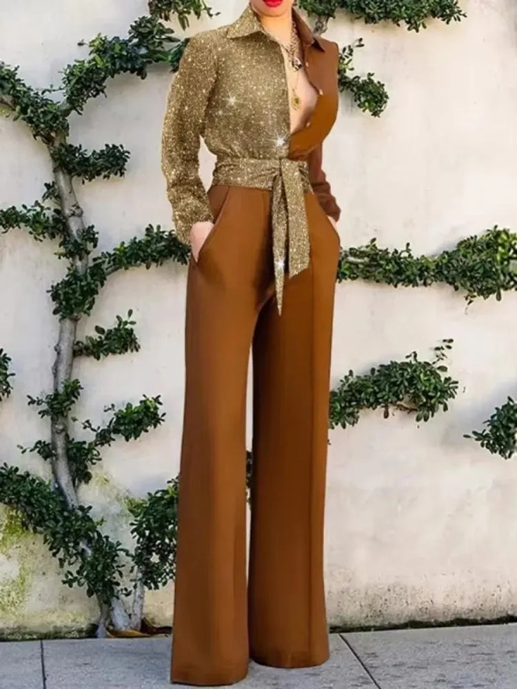 2026 Neuer Damen-Jumpsuit: Modischer V-Ausschnitt, sexy Einteiler mit weitem Bein, glänzende elegante Party-Romper, schicke Freizeit-Bodysuits für Damen