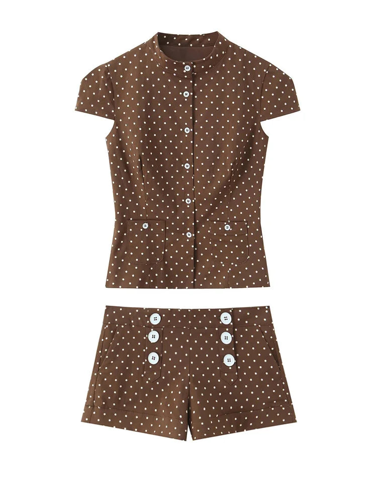HH Sommer Damen Casual Polka Dot 2-teiliges Set Kurzarm Einreihiges T-Shirt Top Hochgeschnittene Slim Shorts Trend Streetwear