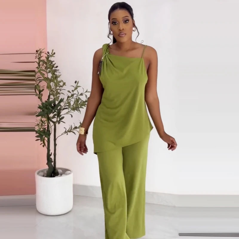 HXAO Grüne Hosen-Sets für Damen, zweiteiliges Set, gerüschtes, asymmetrisches Slip-Top, Anzug-Outfit, schickes, drapiertes Hosen-Set mit hoher Taille und weitem Bein