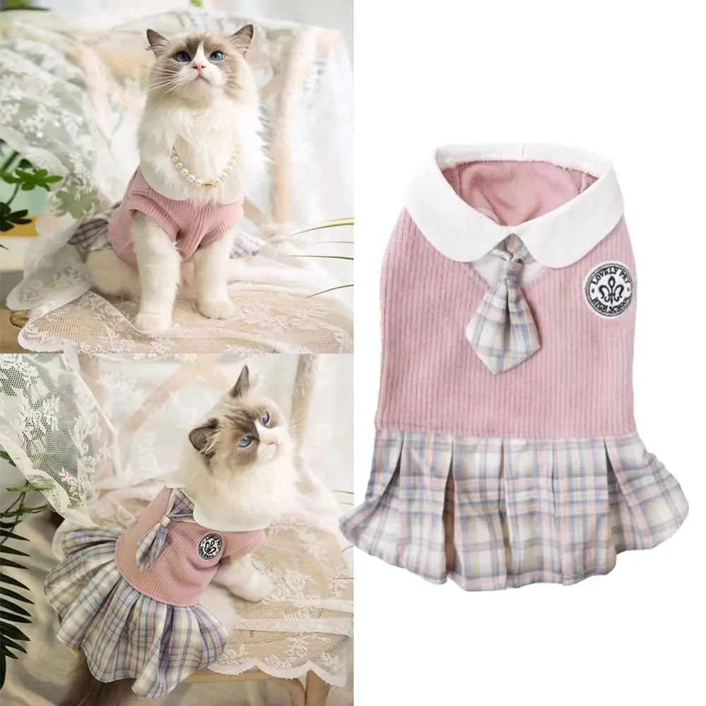 Britischer College-Stil Katzenhemd-Rock aus Polyester mit Fliege, Welpen-Karorock in Rosa, Blau, Grün, Bequeme Frühlings-Haustierkleidung