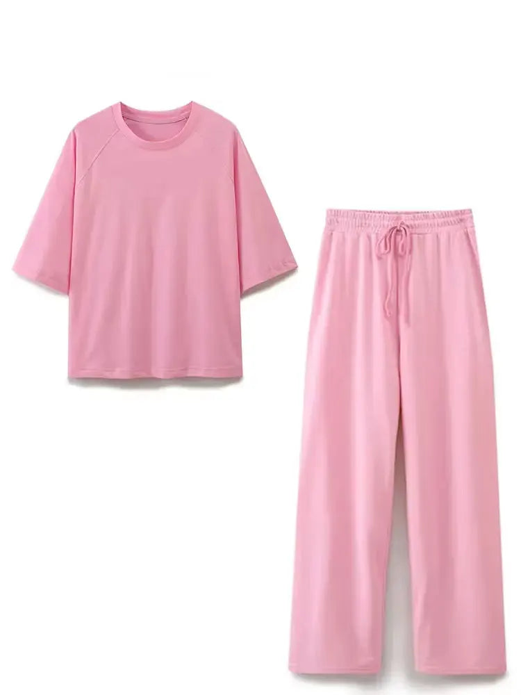 HH 2024 sommer Weibliche Feste Gemütliche Hosen Anzug Kurzen Ärmeln O Neck T-Shirt + Kordelzug Jogging Gerade Hosen Kausalen Straße set