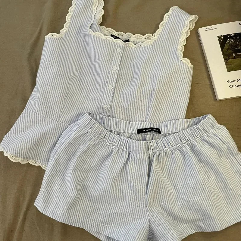 Gestreifte Frauen Pyjamas Sommer Nachtwäsche Ärmellose Shorts Sets 2 Stück Spitze Nacht Trägt Tank Koreanische Schlafen Hause Anzug 2025 Neue