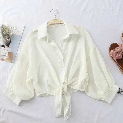 Chiffon-Hemden für Damen, 2022, Sommer, halbe Ärmel, geknöpftes Hemd, lockere lässige Bluse, Krawatte, Taille, elegante Blusen für Damen