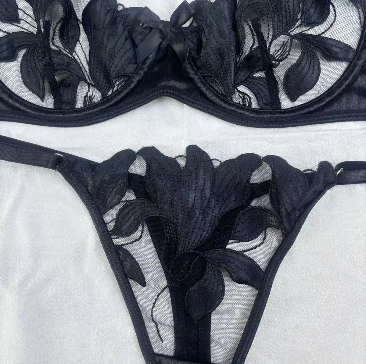 Damen-Set mit Blumenstickerei, Push-Up-BH und Höschen, 2-teiliges sexy Dessous-Set, transparente Bralette-Unterwäsche mit Bügel