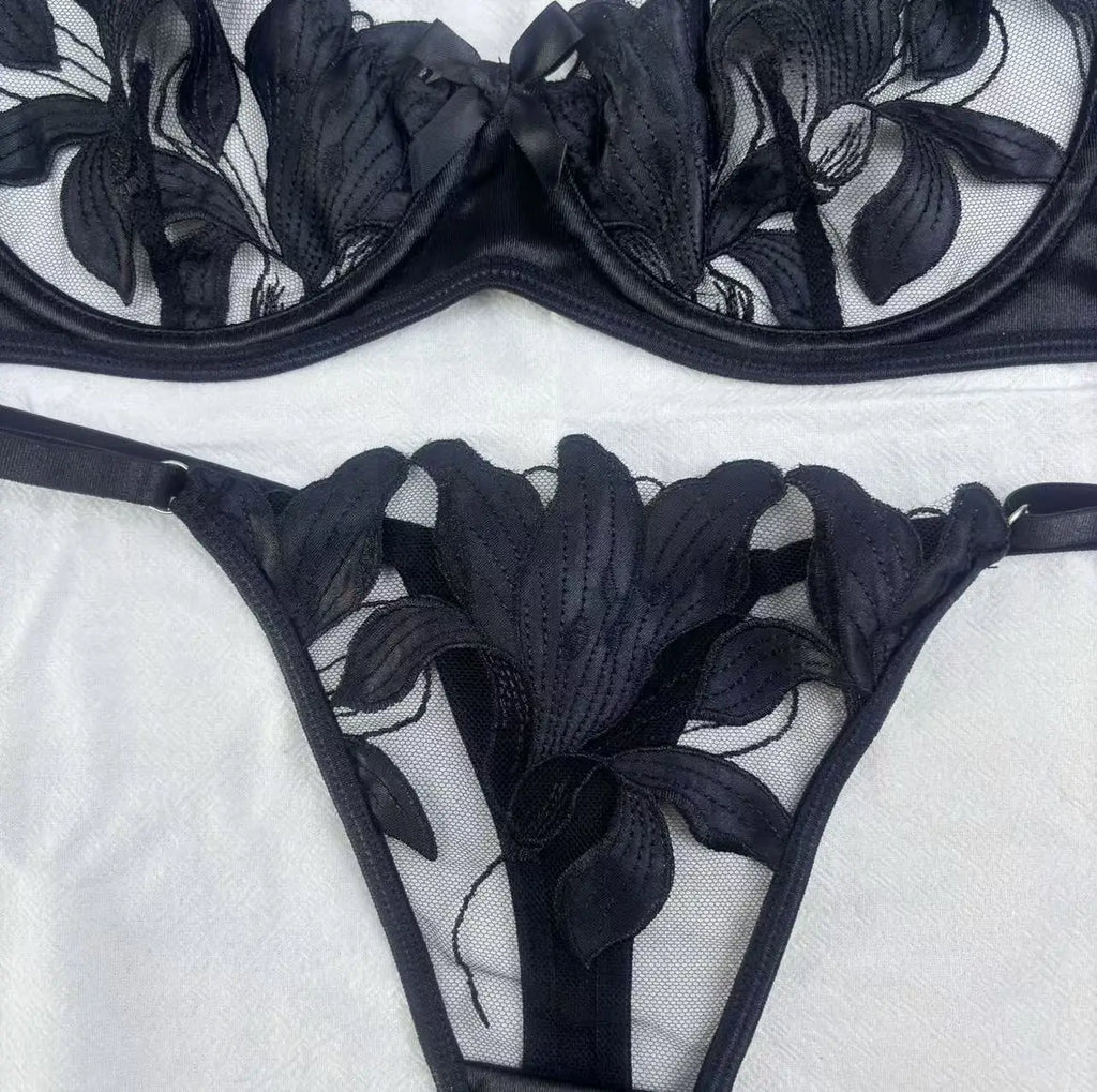 Damen-Set mit Blumenstickerei, Push-Up-BH und Höschen, 2-teiliges sexy Dessous-Set, transparente Bralette-Unterwäsche mit Bügel