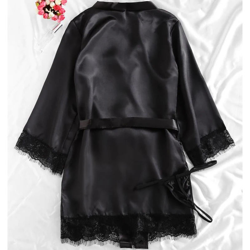 Schwarz Sexy Damen Pyjama Satin 4-teilig Spitze Seide Hosenträger Tops Shorts Robe Pyjama Set Nachthemd Unterwäsche Nachthemd Anzug